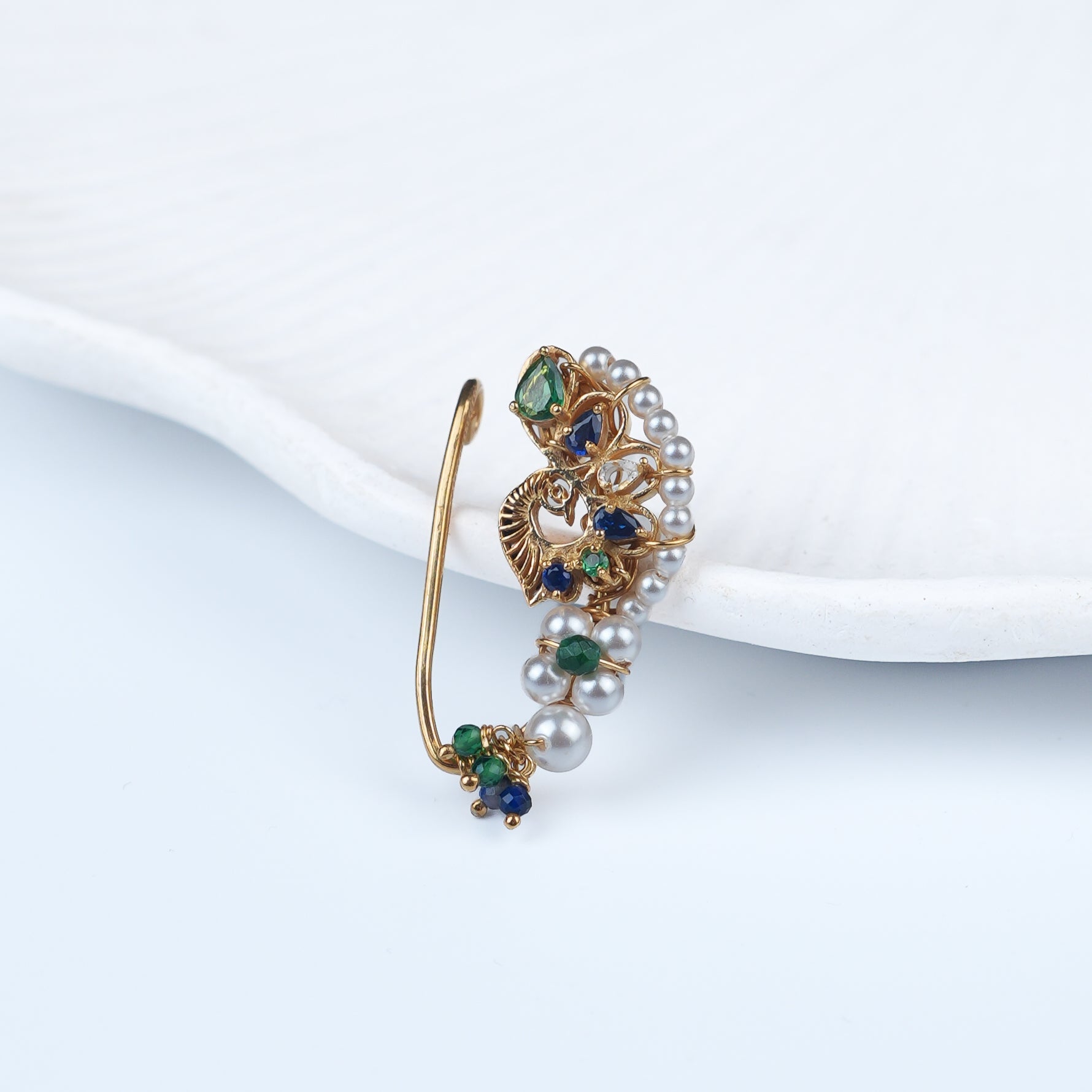 Silver Handmade Peacock Nath (Left, Clip-On) | 22K Gold-Plated