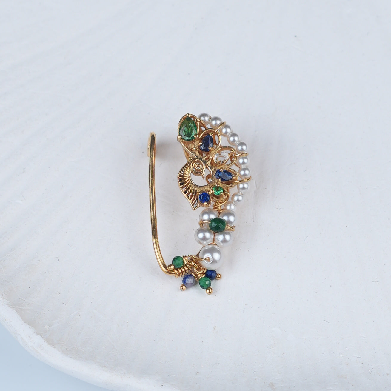 Silver Handmade Peacock Nath (Left, Clip-On) | 22K Gold-Plated