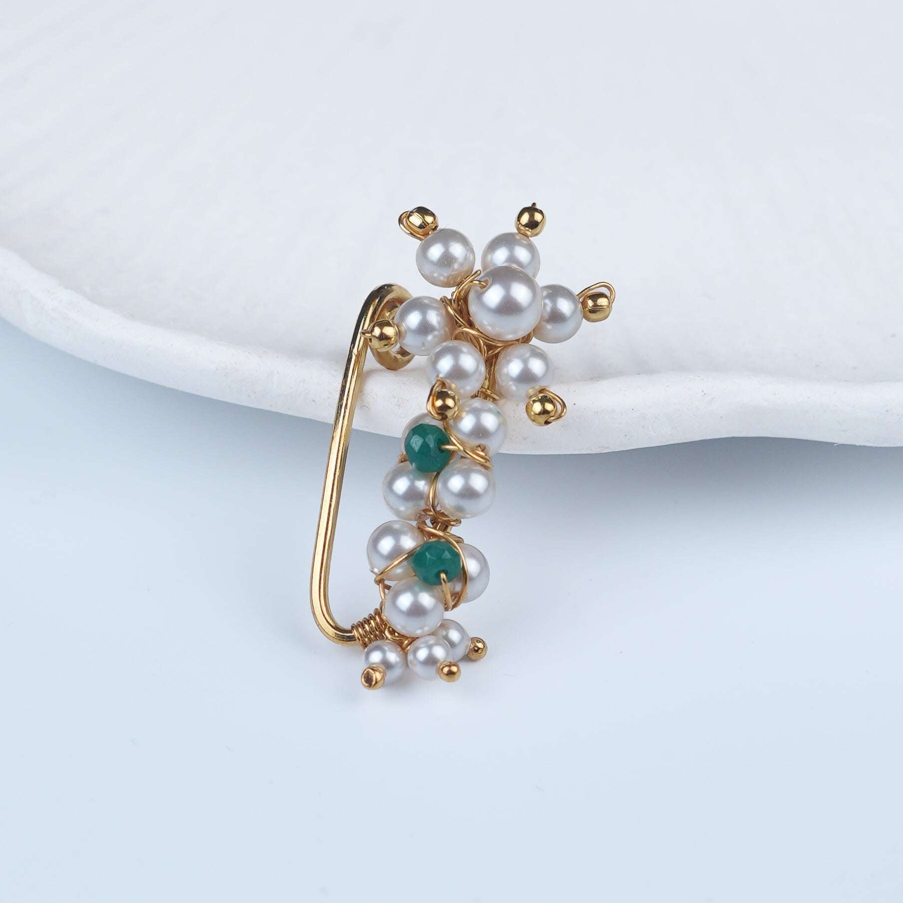 Silver Handmade Maharashtrian Pearl Nath (Left, Clip-On) | 22K Gold-Plated
