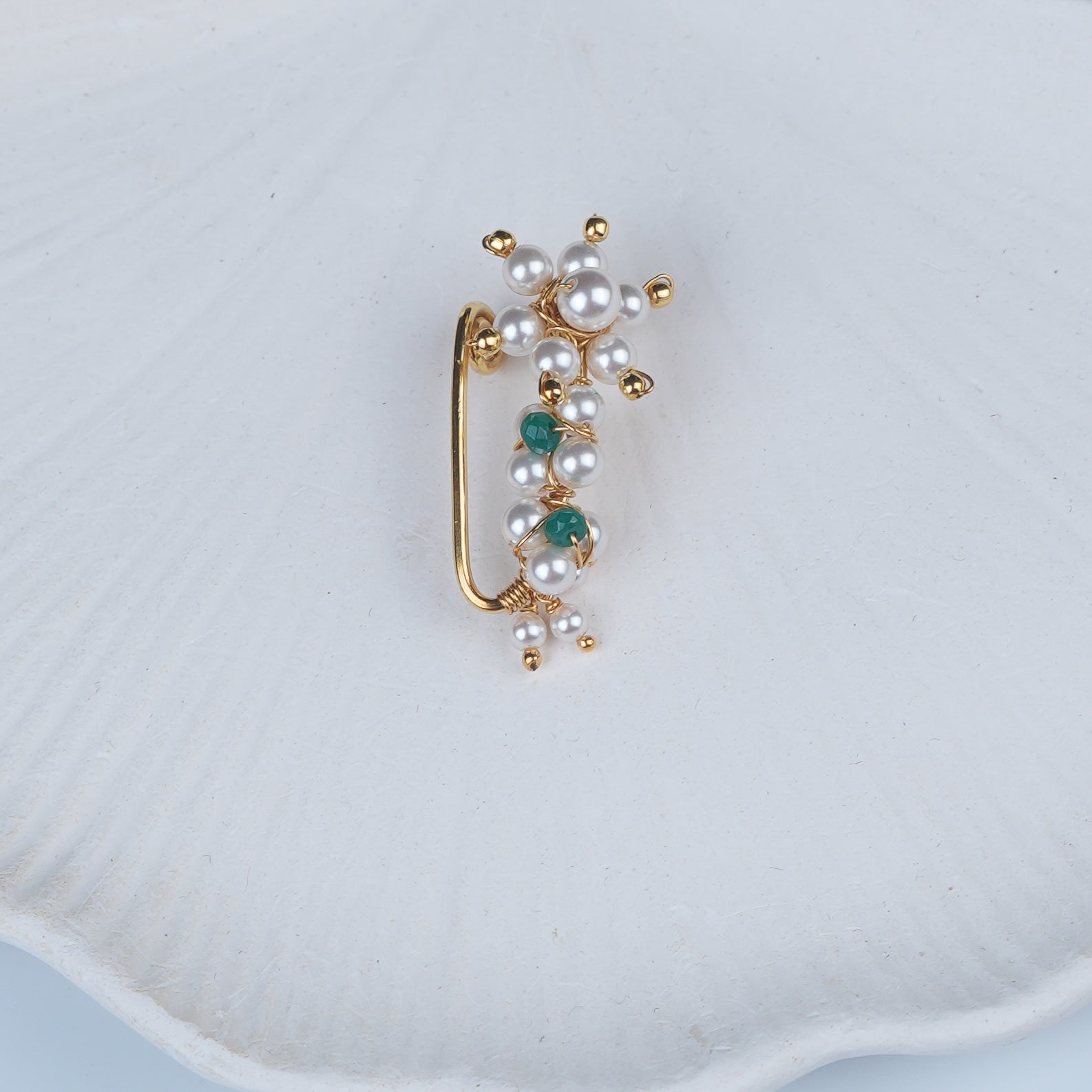 Silver Handmade Maharashtrian Pearl Nath (Left, Clip-On) | 22K Gold-Plated