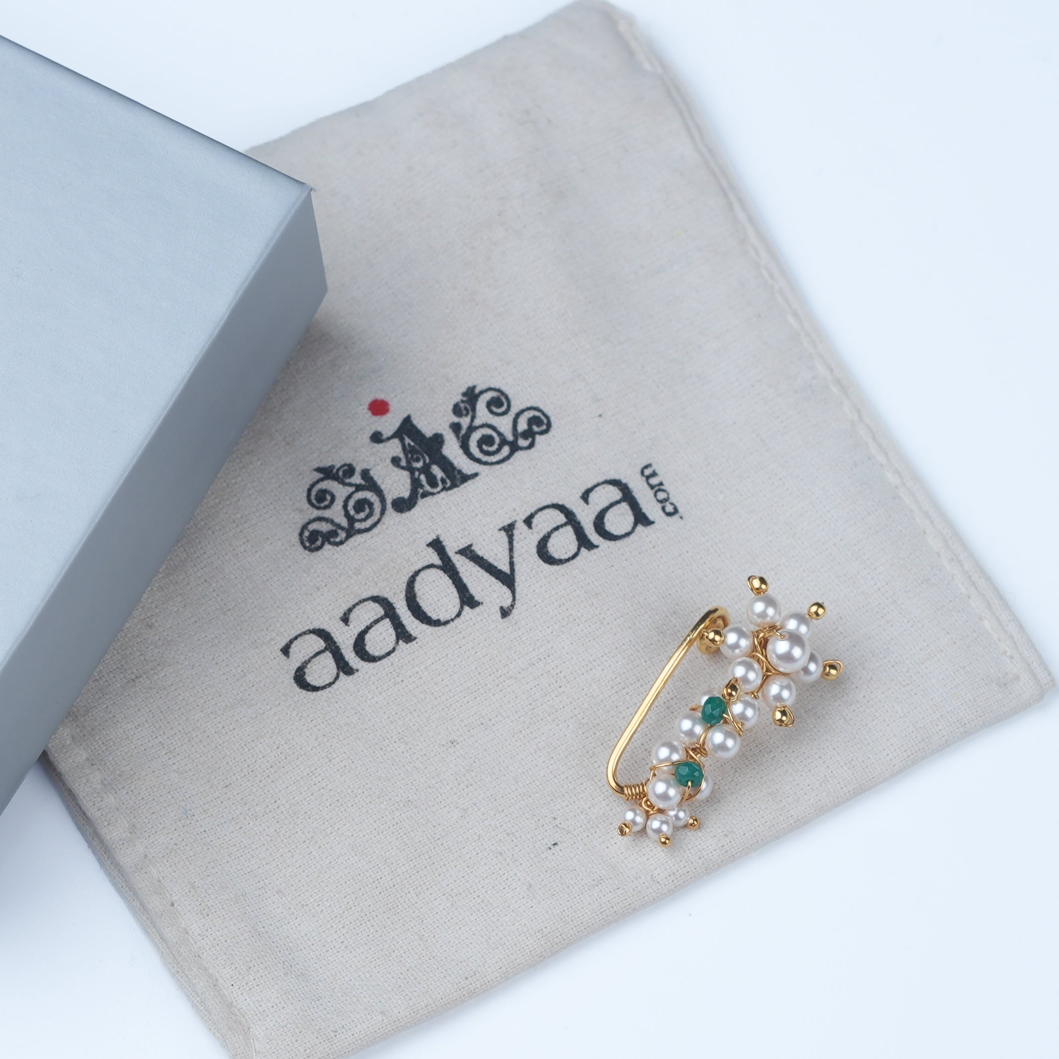 Silver Handmade Maharashtrian Pearl Nath (Left, Clip-On) | 22K Gold-Plated
