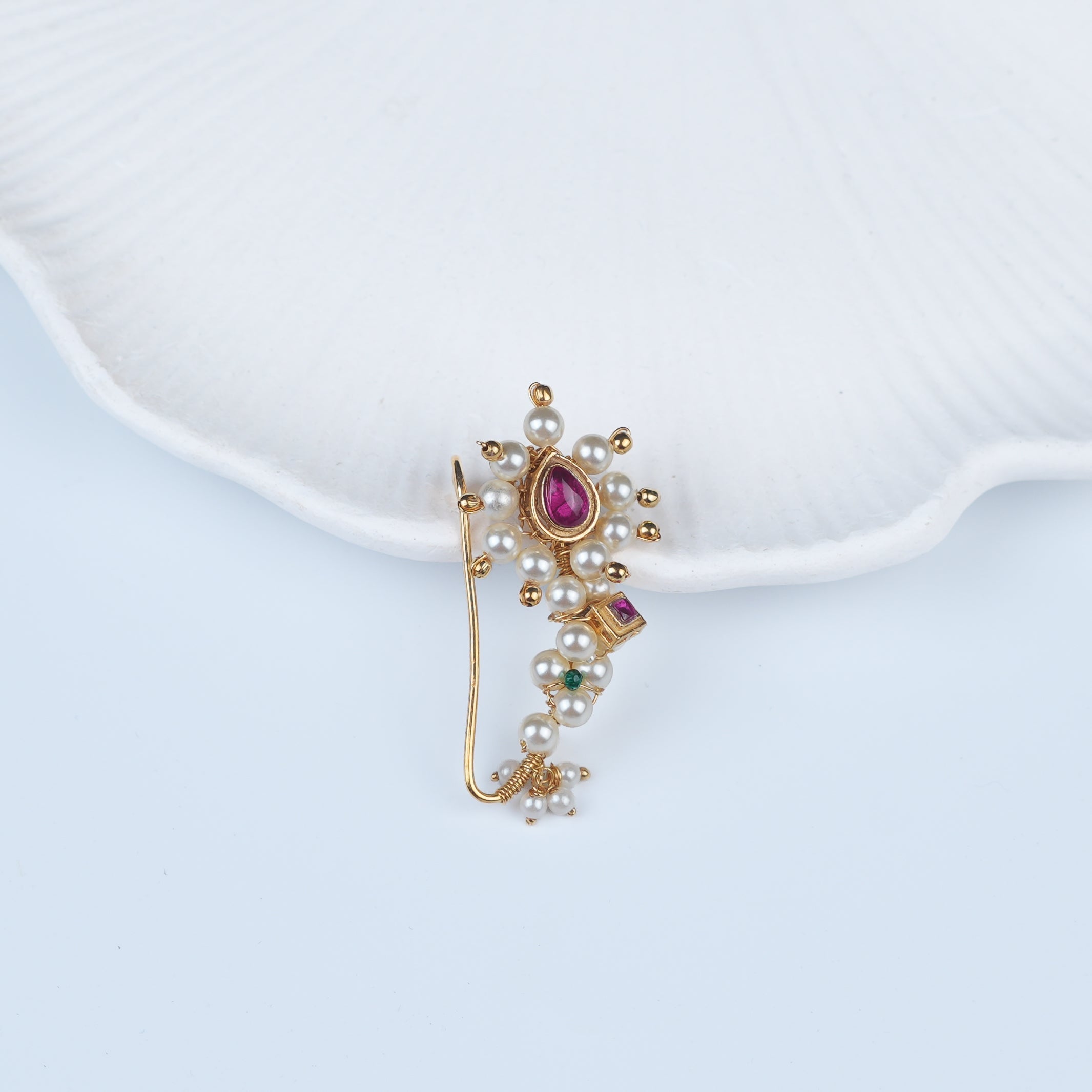 Silver Handmade Maharashtrian Pink Drop Pearl Nath (Left, Clip-On) | 22K Gold-Plated
