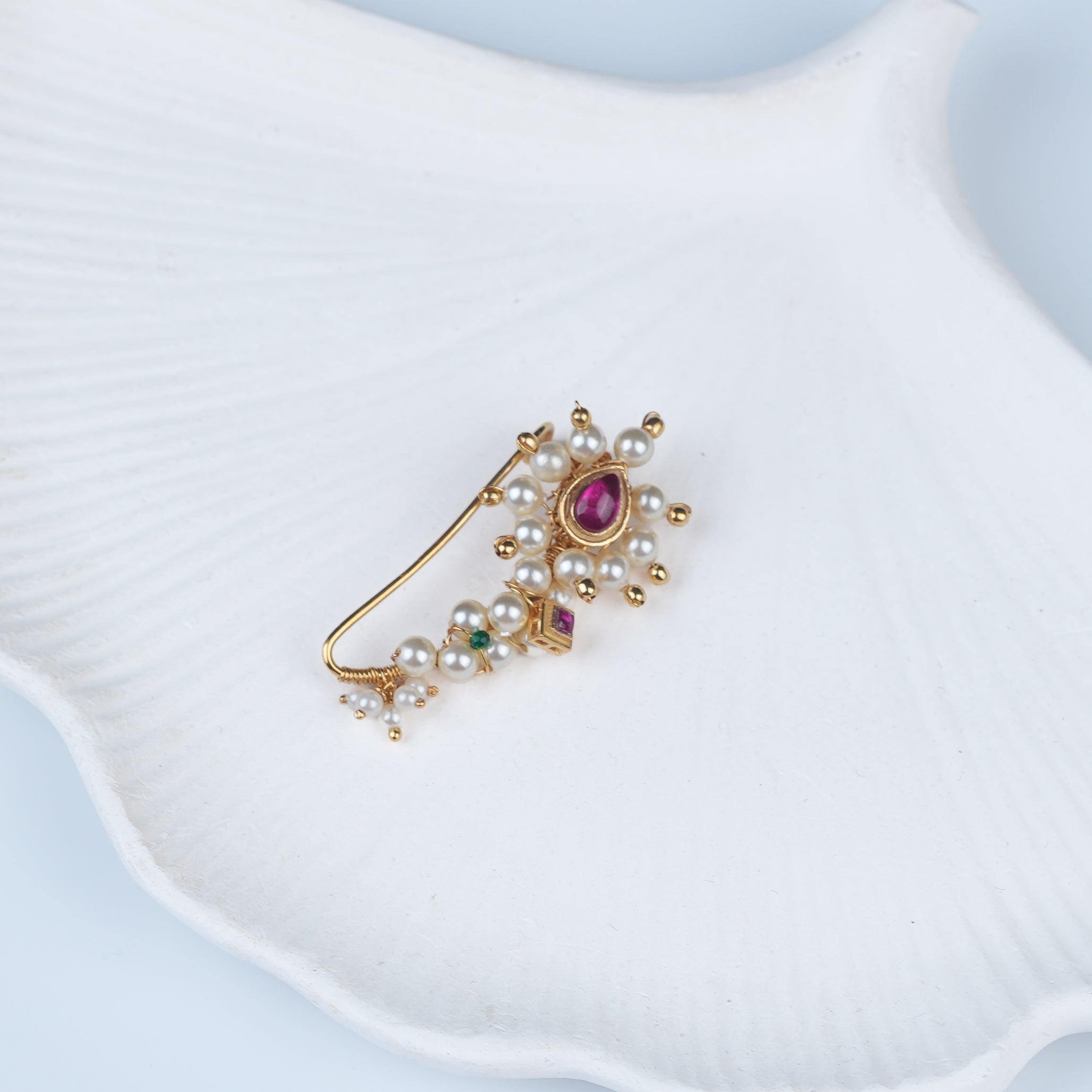 Silver Handmade Maharashtrian Pink Drop Pearl Nath (Left, Clip-On) | 22K Gold-Plated