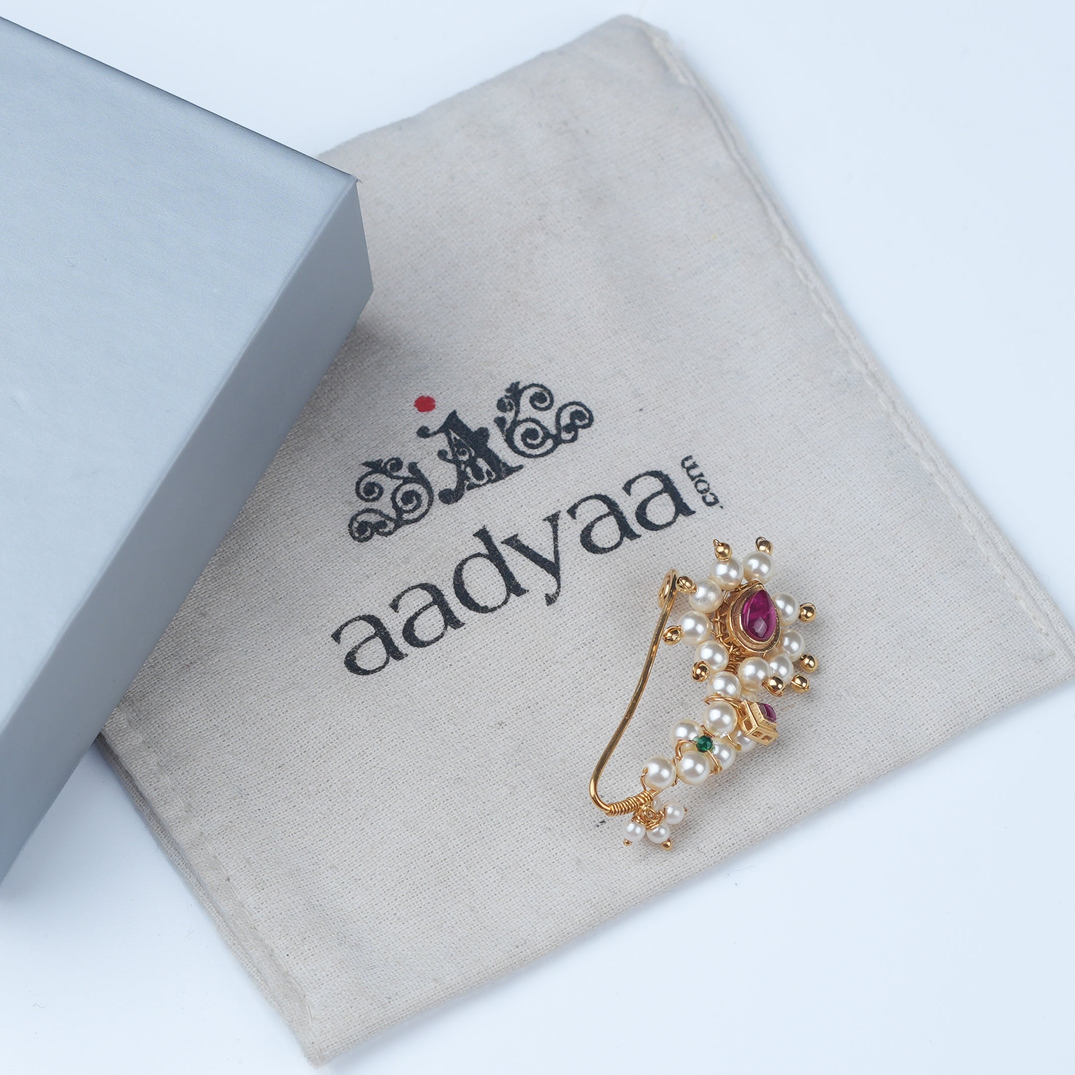 Silver Handmade Maharashtrian Pink Drop Pearl Nath (Left, Clip-On) | 22K Gold-Plated
