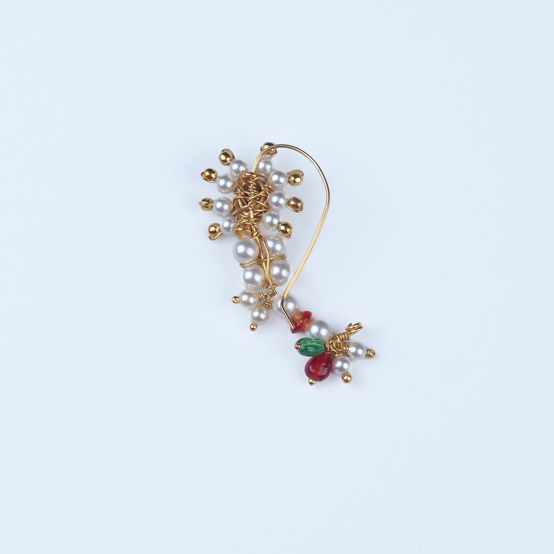 Silver Handmade Maharashtrian Pearl Nath (Left, Pierced) | 22K Gold-Plated