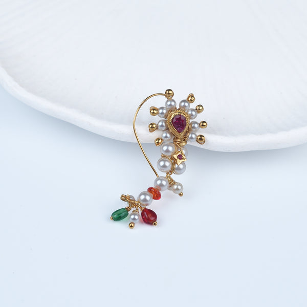 Silver Handmade Maharashtrian Pearl Nath (Left, Pierced) | 22K Gold-Plated