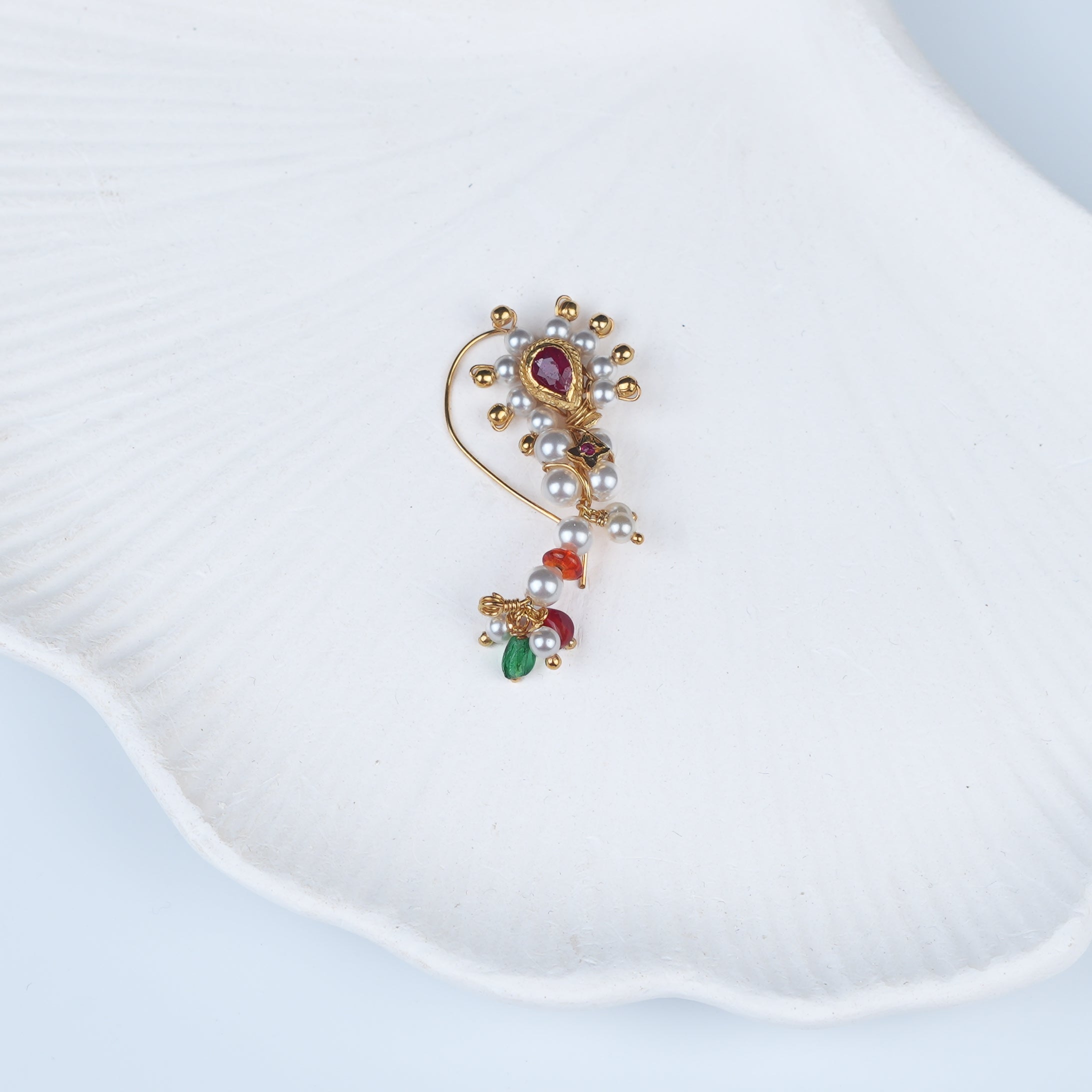 Silver Handmade Maharashtrian Pearl Nath (Left, Pierced) | 22K Gold-Plated