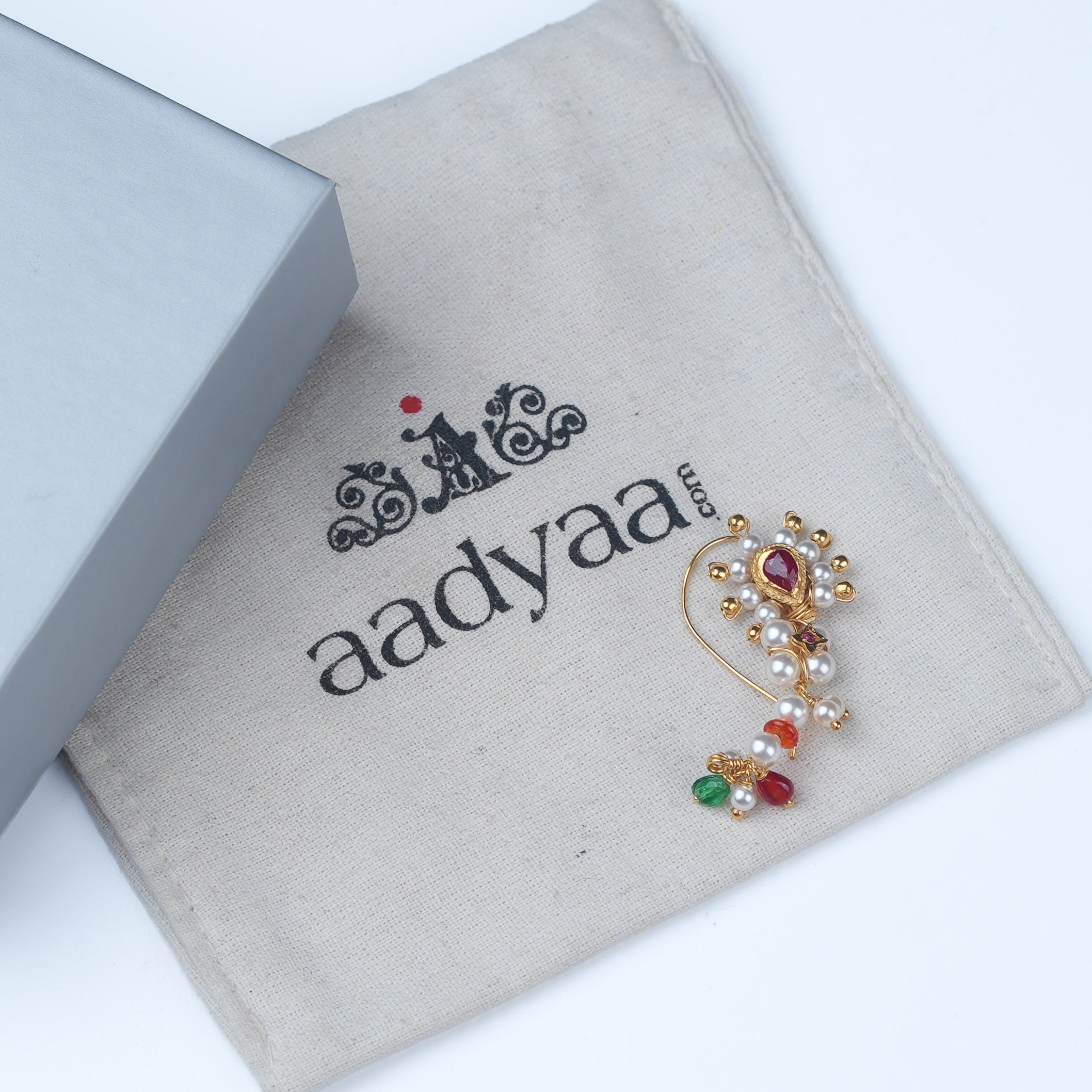 Silver Handmade Maharashtrian Pearl Nath (Left, Pierced) | 22K Gold-Plated