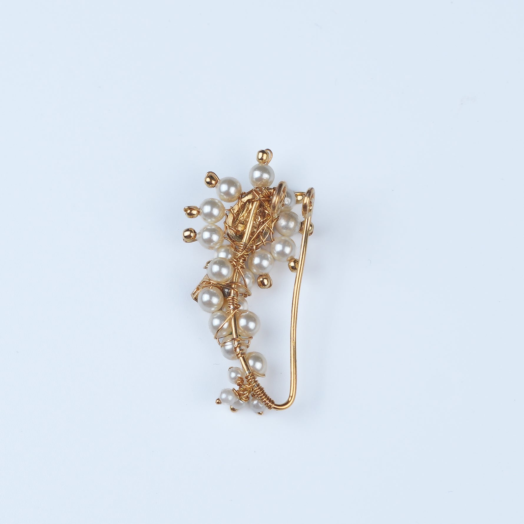 Silver Handmade Maharashtrian Pink Drop Pearl Nath (Left, Clip-On) | 22K Gold-Plated