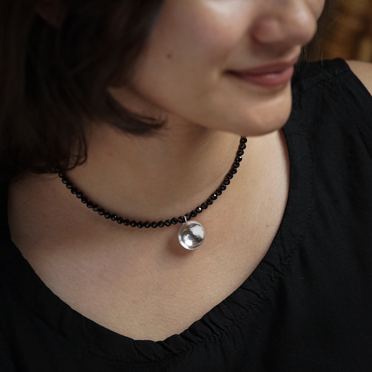 Silver Vatee Necklace with Black Spinel