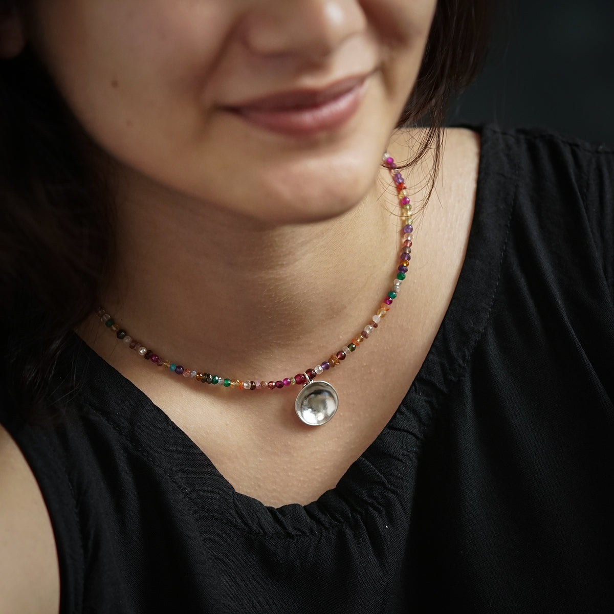 Silver Vatee Necklace with Multicolor Stones