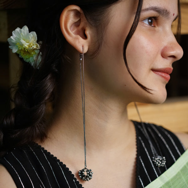 Silver Ghungroo Dejhoor earrings with oxidized silver finish and delicate ghungroo accents