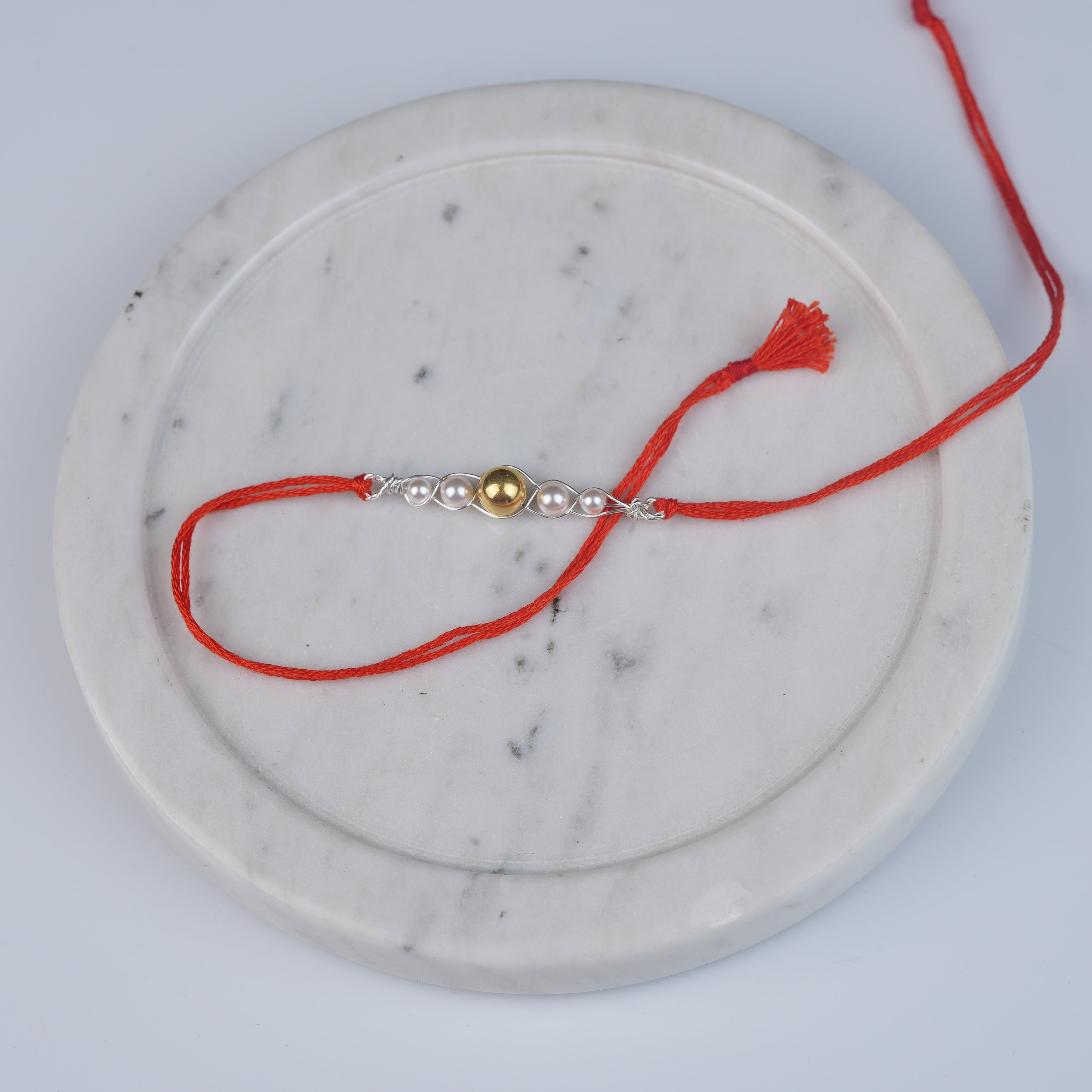 Gold-Plated Silver Bead & Pearl Wrapped Rakhi (Project Handmade)