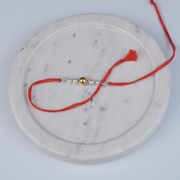 Gold-Plated Silver Bead & Pearl Wrapped Rakhi (Project Handmade)
