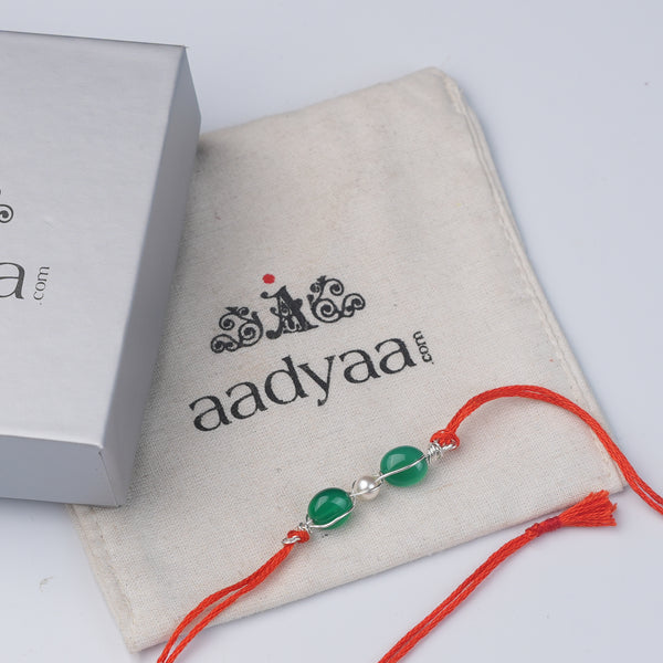 Green Onyx & Pearl Wrapped Rakhi (Project Handmade)
