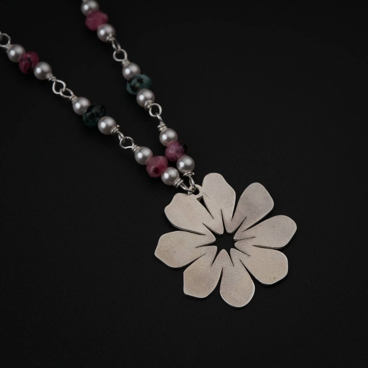 Silver Cosmos Necklace with Pearls and Semi Precious Stones