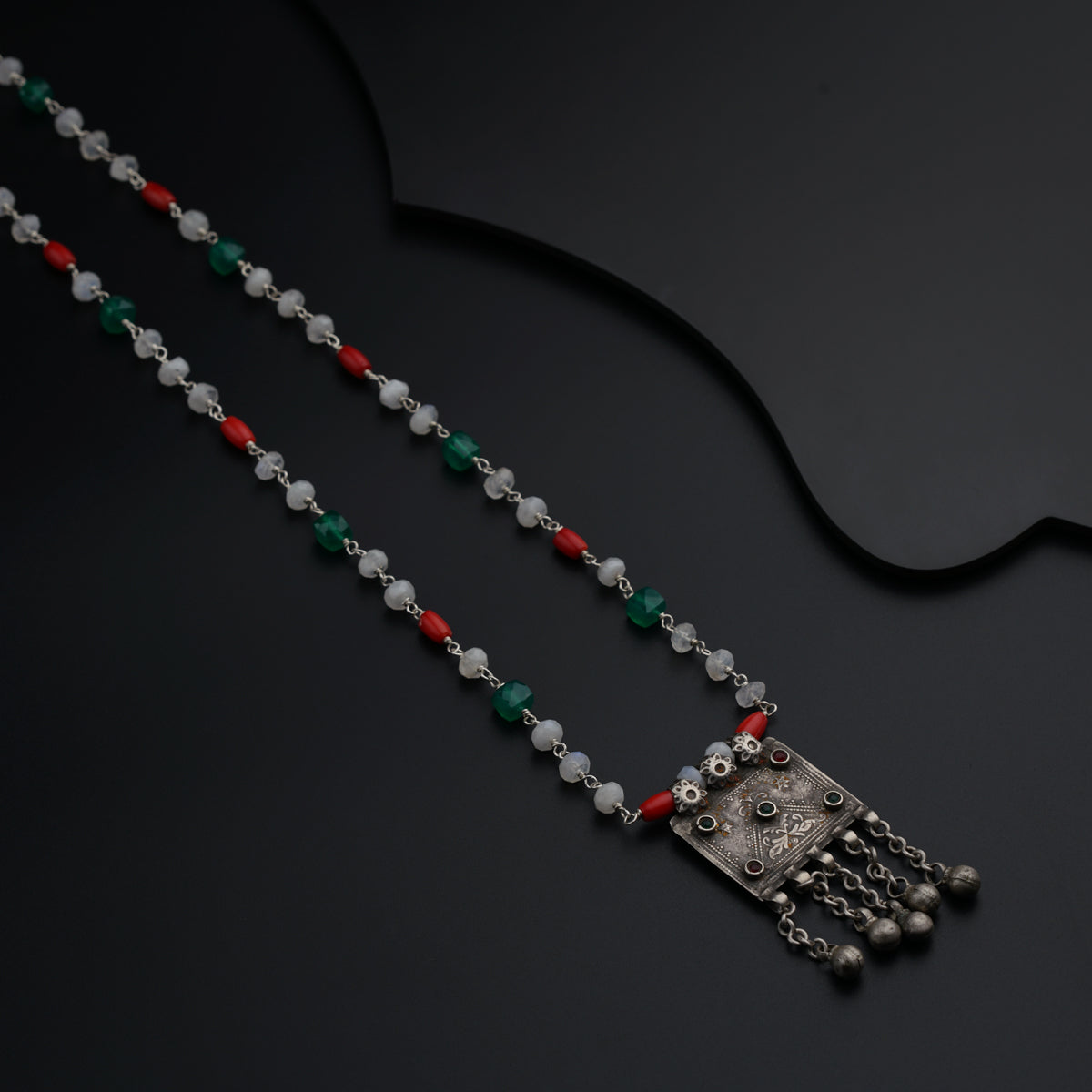 Silver Necklace with Antique Pendant and Semi Precious Stones