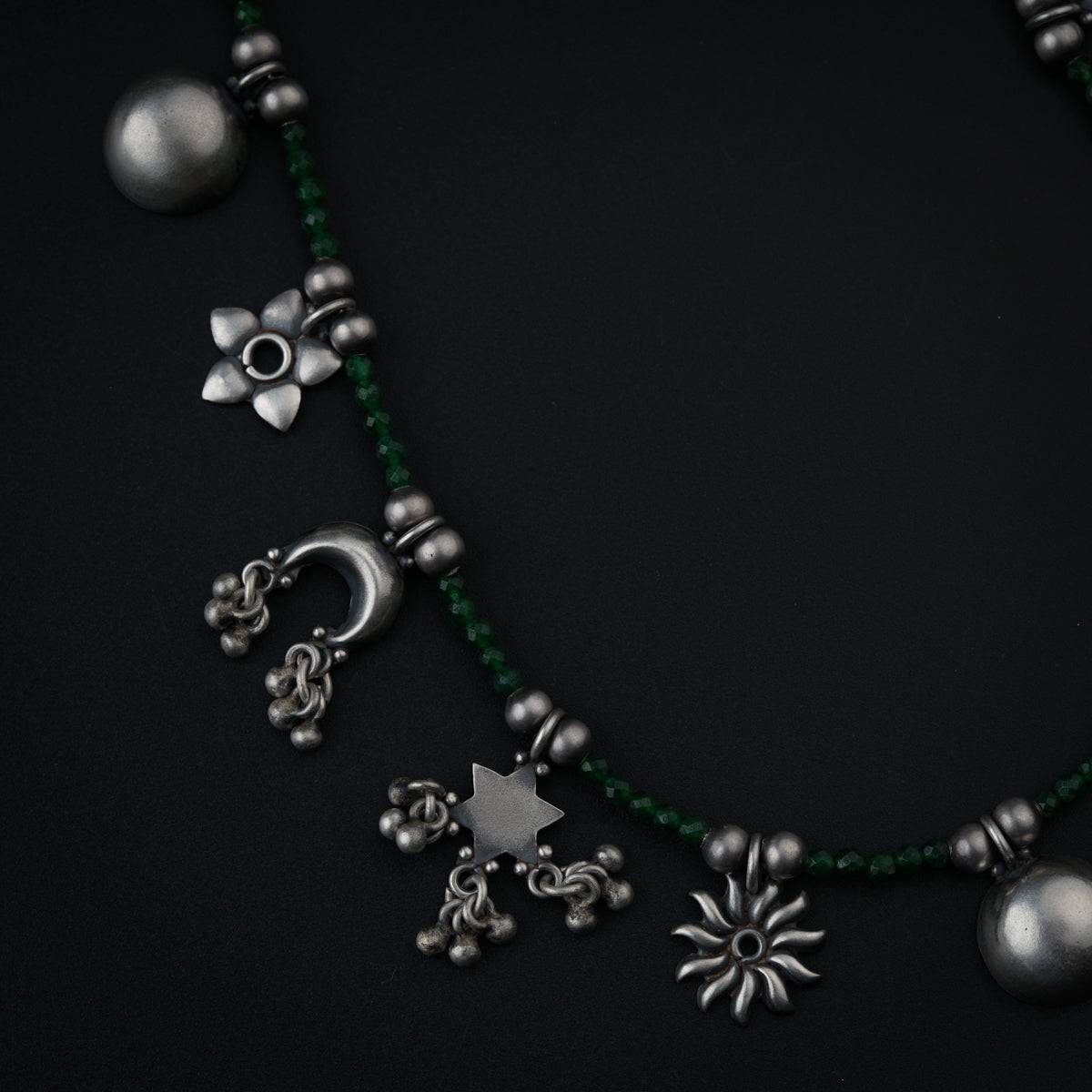 Silver Charms Motifs Necklace with Green Onyx Stone