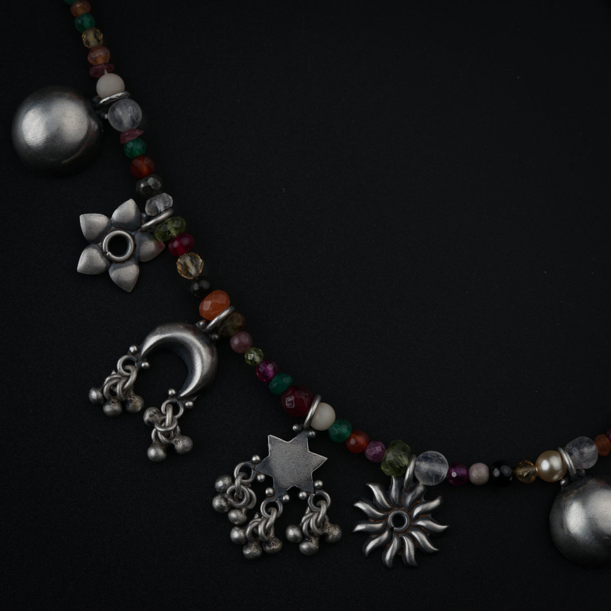 Silver Charms Motifs Necklace with Multicolor Semi Precious Stones