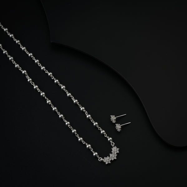 Silver Flower Motif Small Set with Silver Beads | CZ | 92.5 Silver