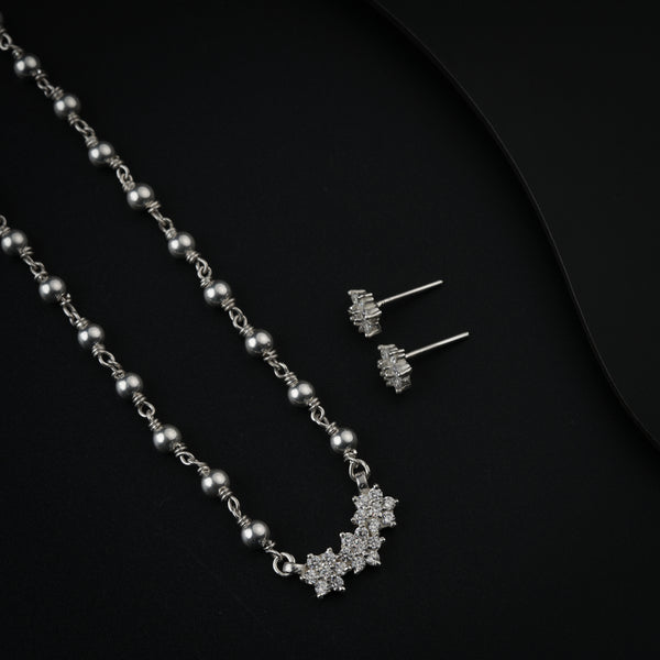 Silver Flower Motif Small Set with Silver Beads | CZ | 92.5 Silver