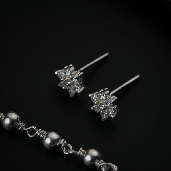 Silver Flower Motif Small Set with Silver Beads | CZ | 92.5 Silver