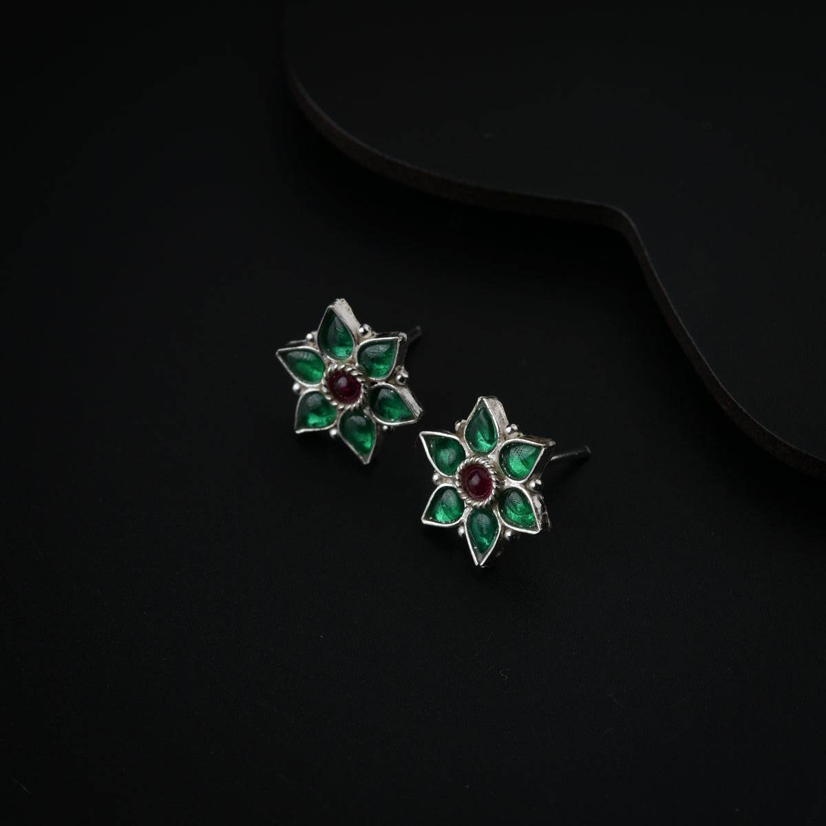 Silver Green Nakshatra Flower Earring