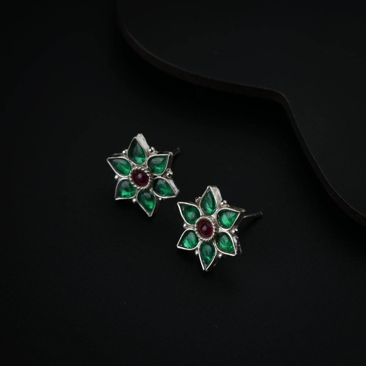 Silver Green Nakshatra Flower Earring