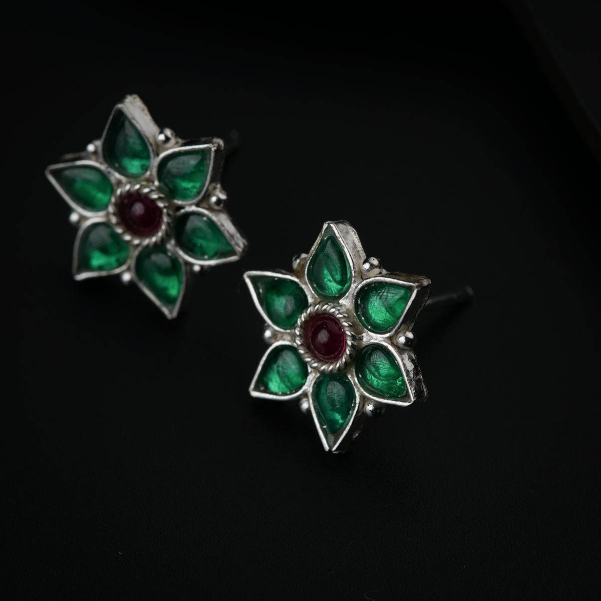 Silver Green Nakshatra Flower Earring