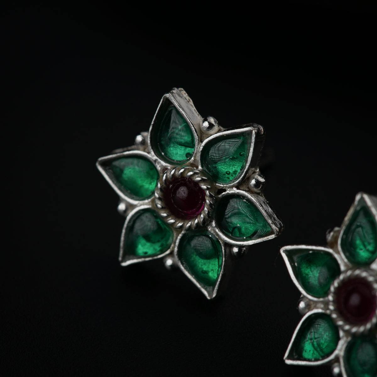 Silver Green Nakshatra Flower Earring