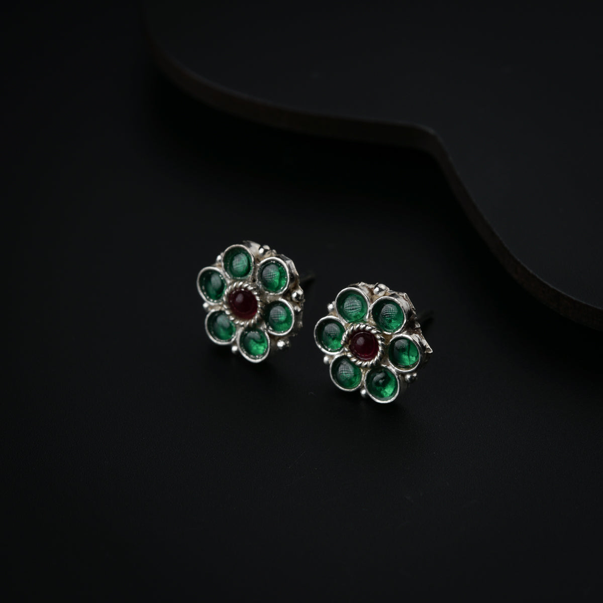 Silver Green Flower Earring