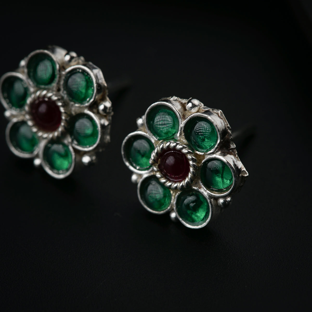 Silver Green Flower Earring