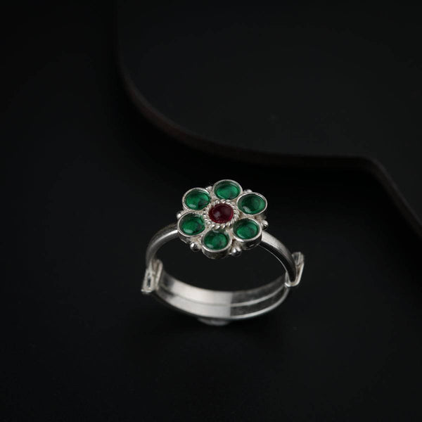 Bageecha Green Flower Ring | 92.5 Silver | Kempu stones