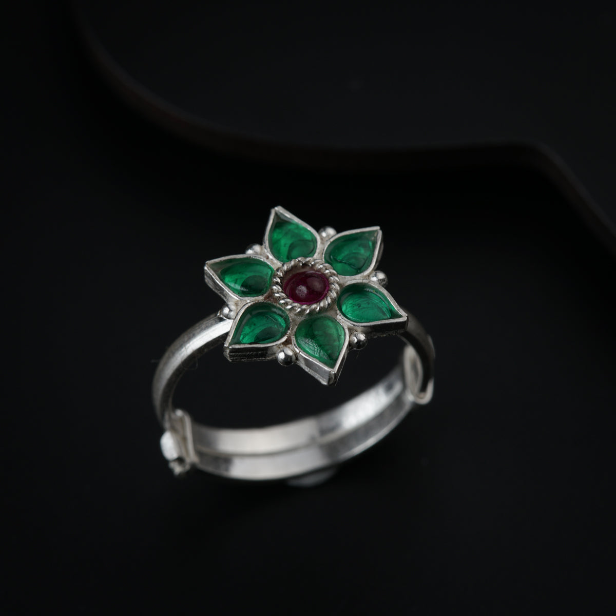 Silver Green Nakshatra Flower Ring