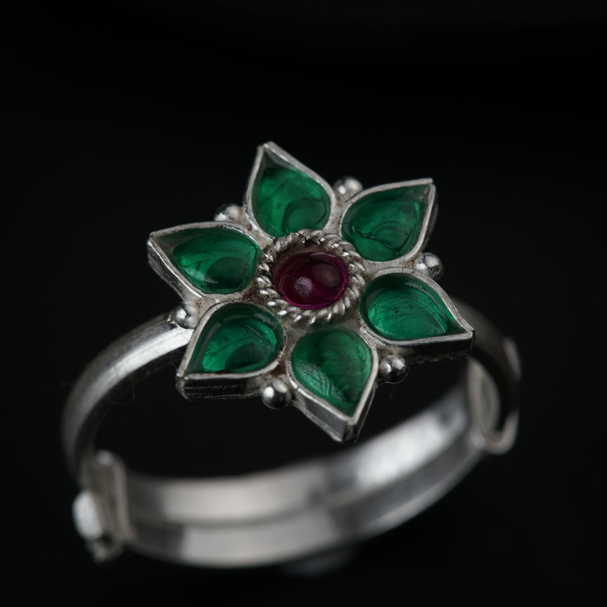 Silver Green Nakshatra Flower Ring