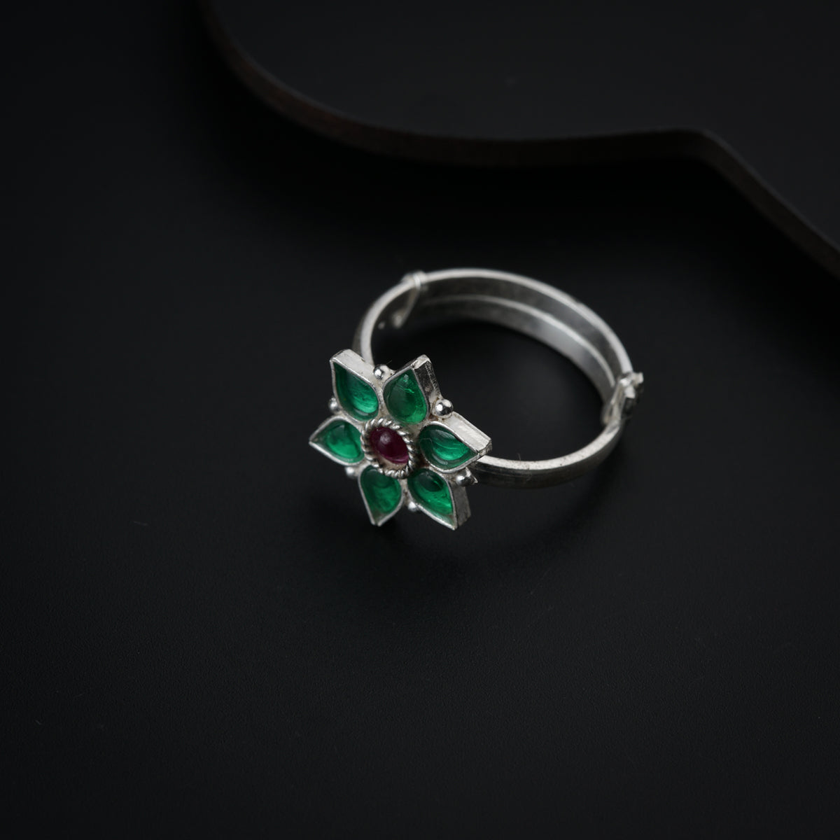 Silver Green Nakshatra Flower Ring