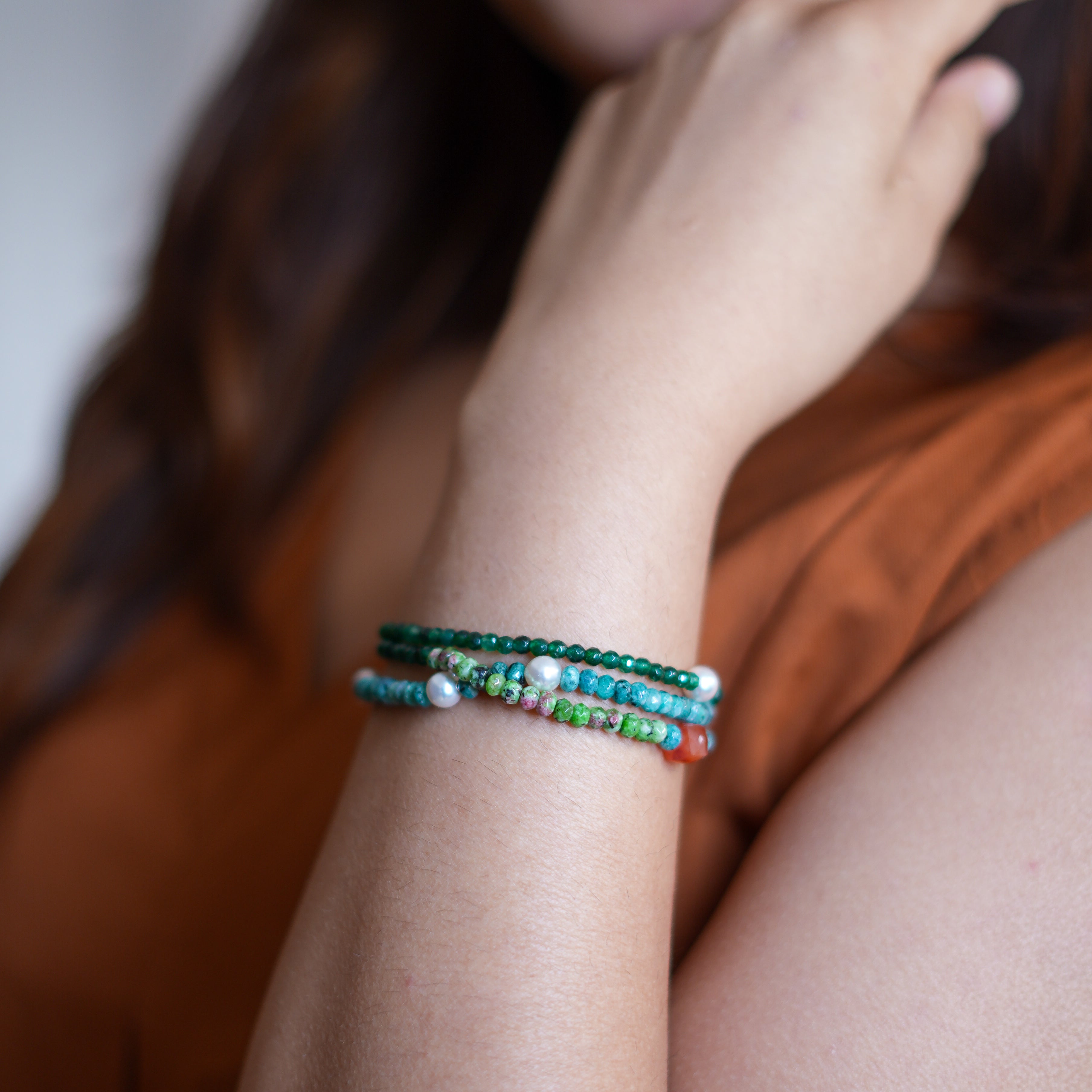 Green Onyx, Pearl, Carnelian Cube, Green & Blue Jade Silver Bracelet (Project Handmade)