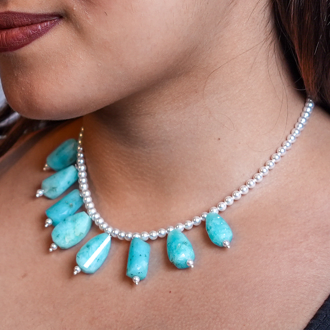 Luxe Necklace - Pearl and Larimar Drops