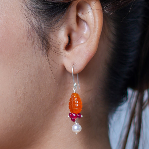 Carnelian Drop, Rubies & Pearl Silver Earrings (Project Handmade)