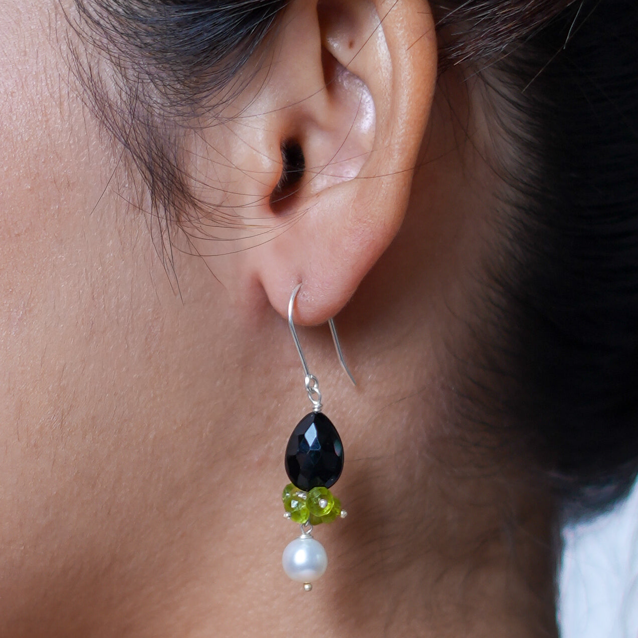 Black Spinel Drop, Peridot & Pearl Silver Earrings (Project Handmade)