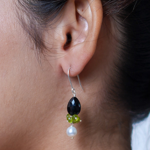 Black Spinel Drop, Peridot & Pearl Silver Earrings (Project Handmade)