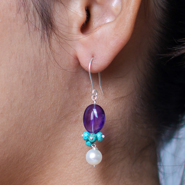 Amethyst, Turquoise Bunch & Pearl Silver Earrings (Project Handmade)