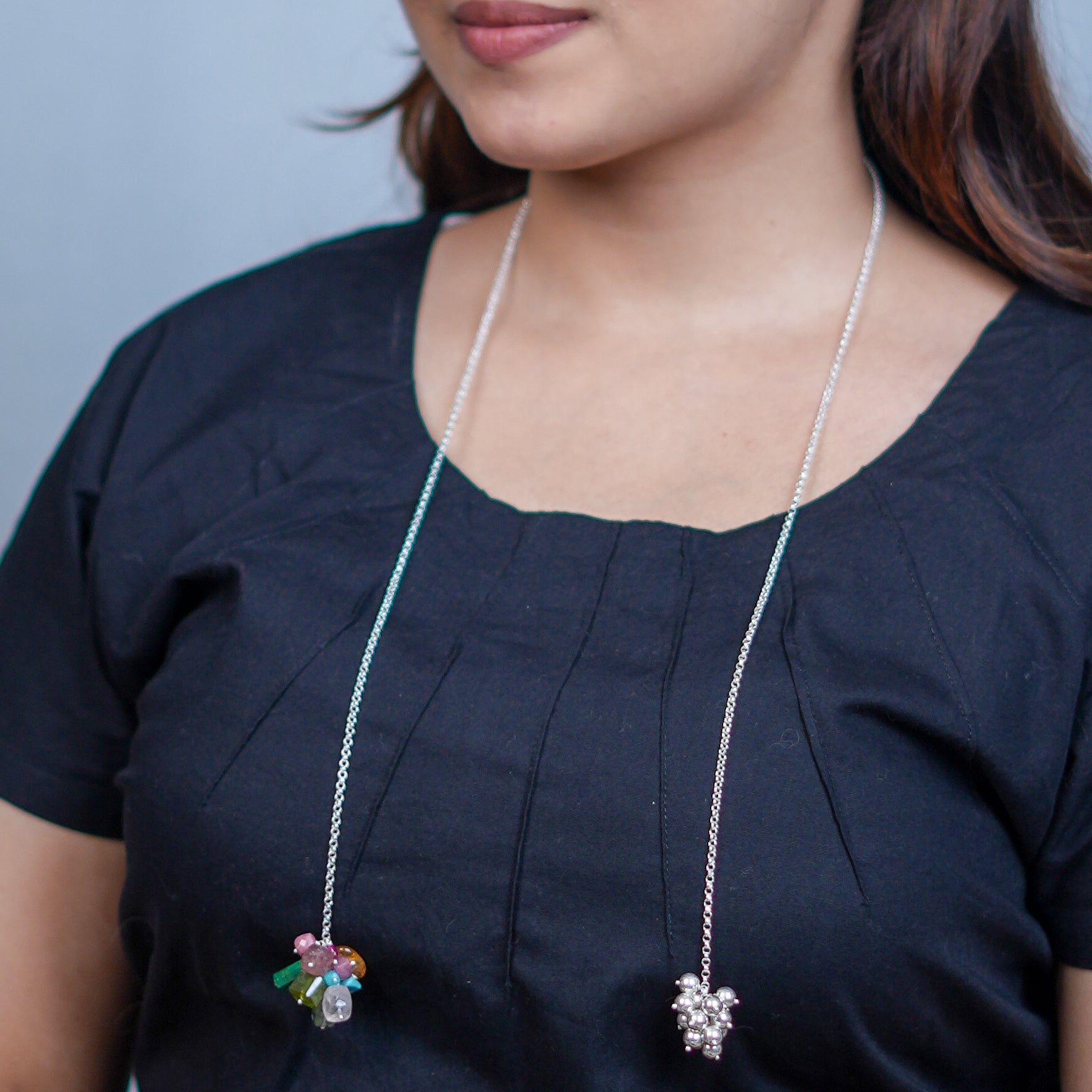 Multicolour Stones & Sarmanee Bunch Tie & Wear Necklace | 92.5 Sterling Silver
