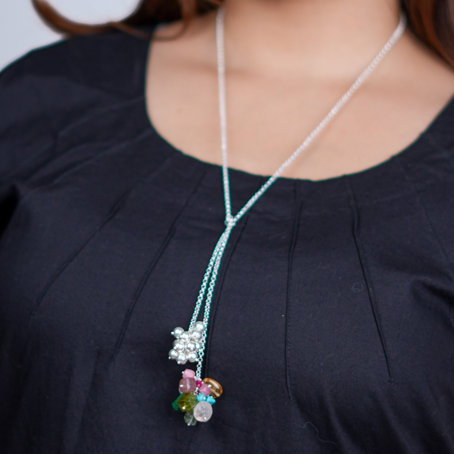 Multicolour Stones & Sarmanee Bunch Tie & Wear Necklace | 92.5 Sterling Silver