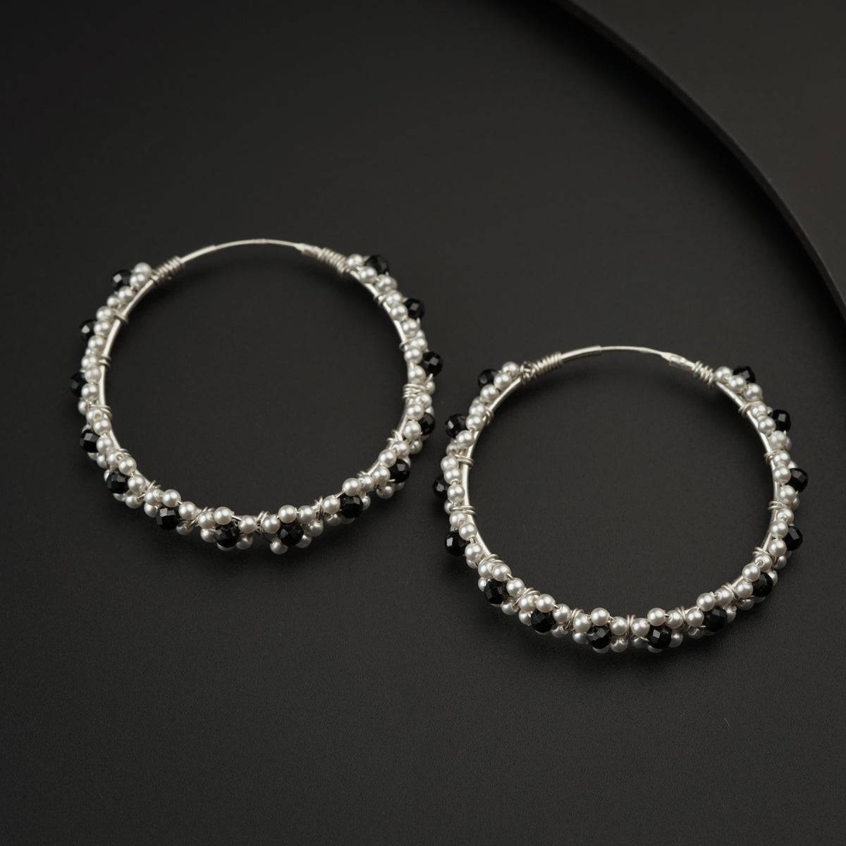 Silver Hoops with Pearls and Black Spinel