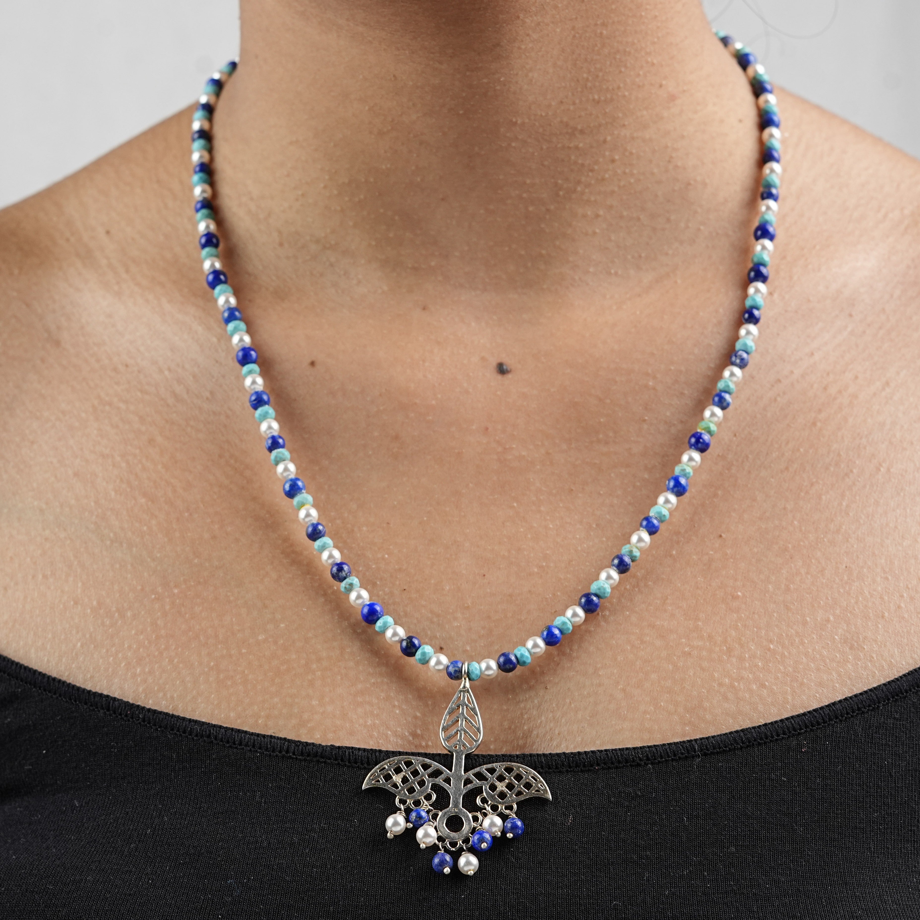 Leaf Filigree Pendant Necklace with Semiprecious Stones