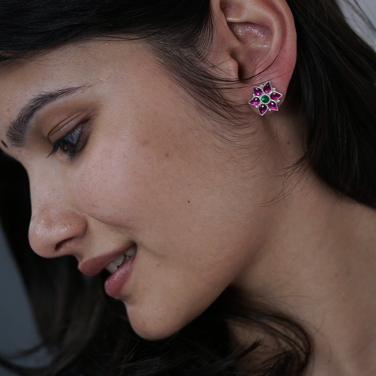 Silver Pink Nakshatra Flower Earring