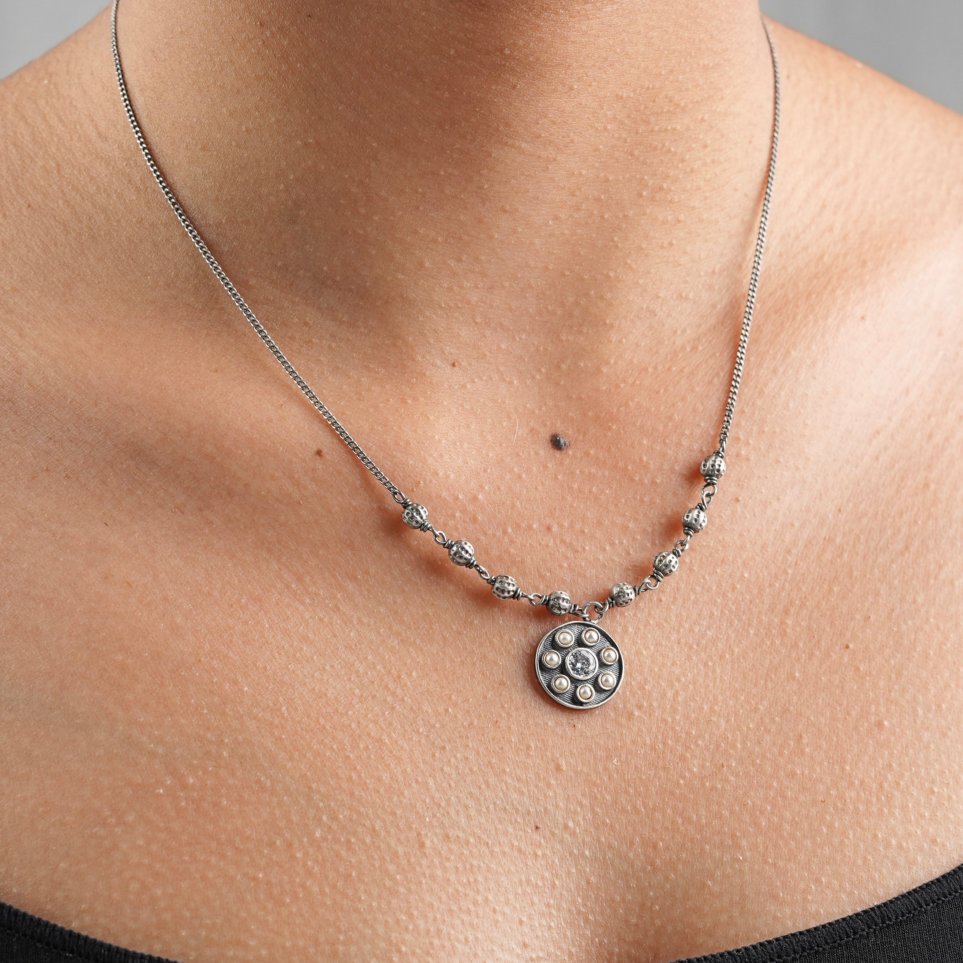 Moha Maya Oxidized Silver Beads Necklace with Pearls