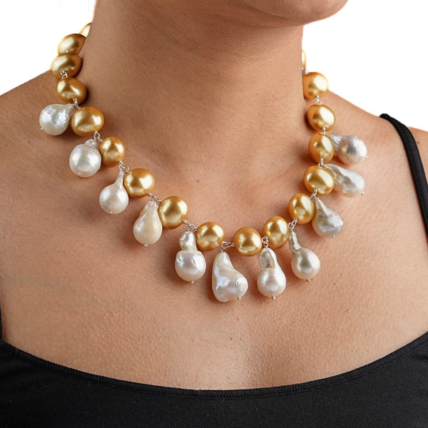 Pearl Flow Necklace with Golden Pearls & Baroque Pearls