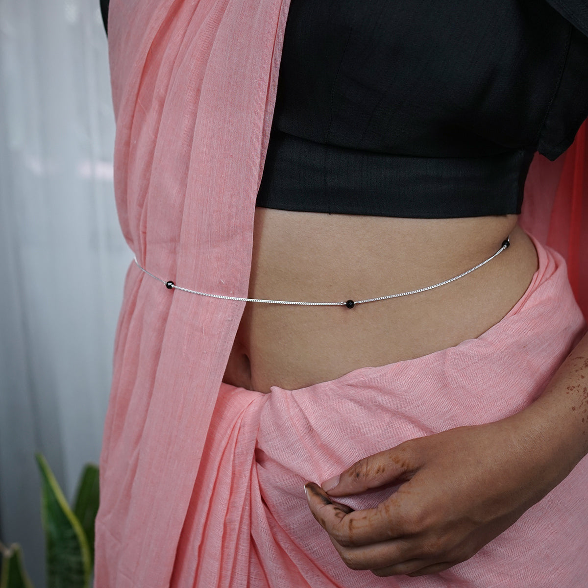 Silver Waist Chain with Black Spinel